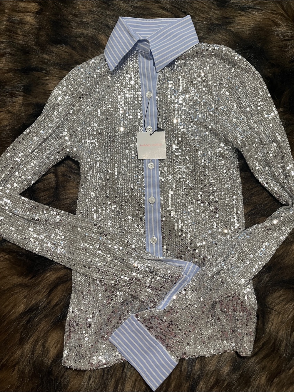 Silver Sequin Button-Up Shirt with Blue Stripe Collar